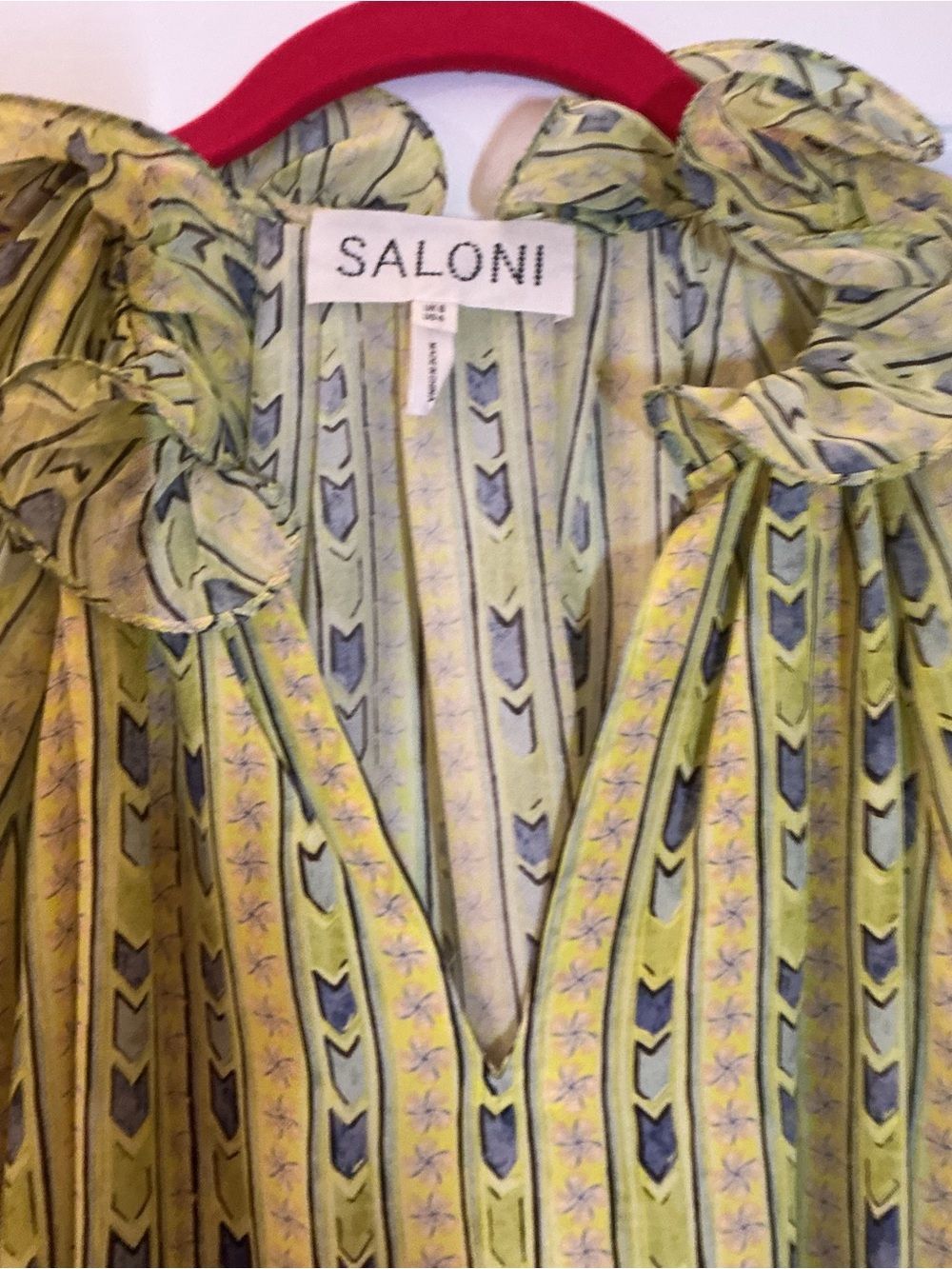 SALONI Lime Green Printed Ruffle-Trim V-Neck Blouse